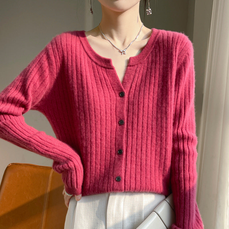 Round Neck Slim-Fit Short Striped Knitted Cardigan Jacket in Solid Color