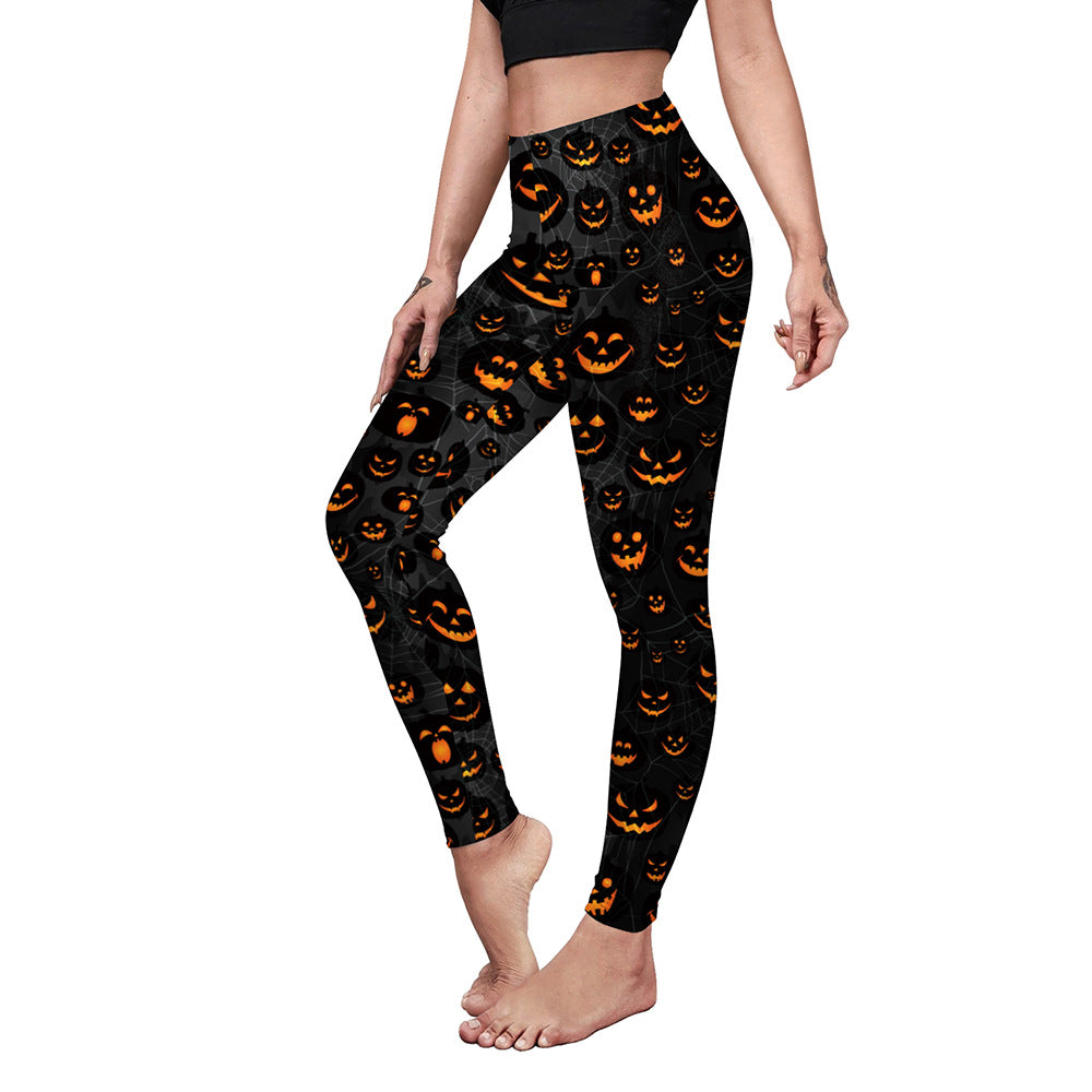 Trendy Women's Casual Yoga Pants with Slim Elastic Fit and Pumpkin Spider