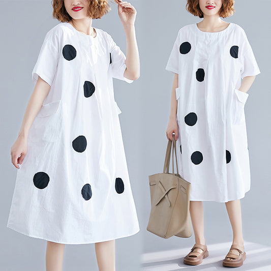 Korean-Style Polka Dot Print Midi Dress for Plus-Size Women