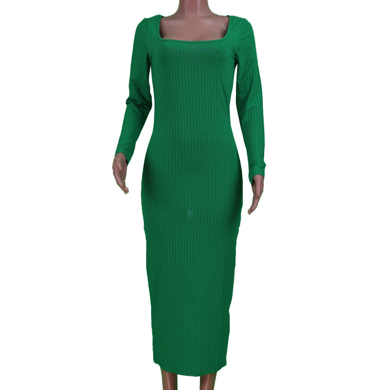 Long Sleeve Split Dress with Fashionable U-shaped Collar