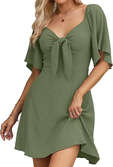 V-neck Short Sleeve Dress with Bow Tie for Women