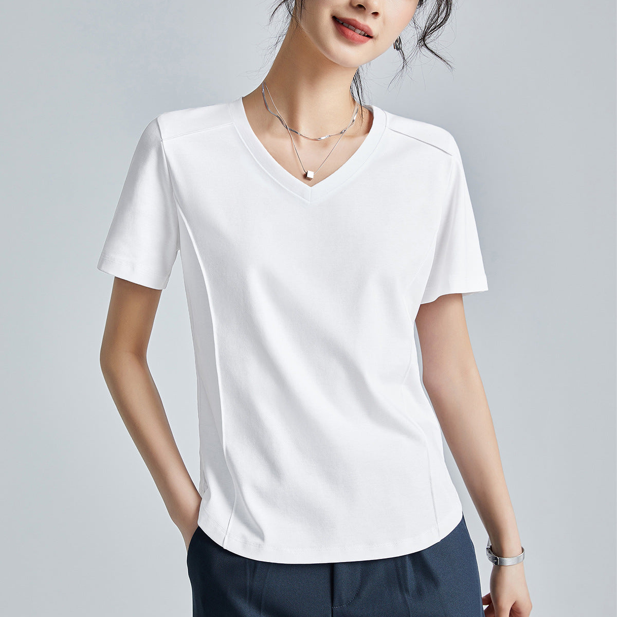 Mercerized Cotton Round Neck Shoulder T-Shirt