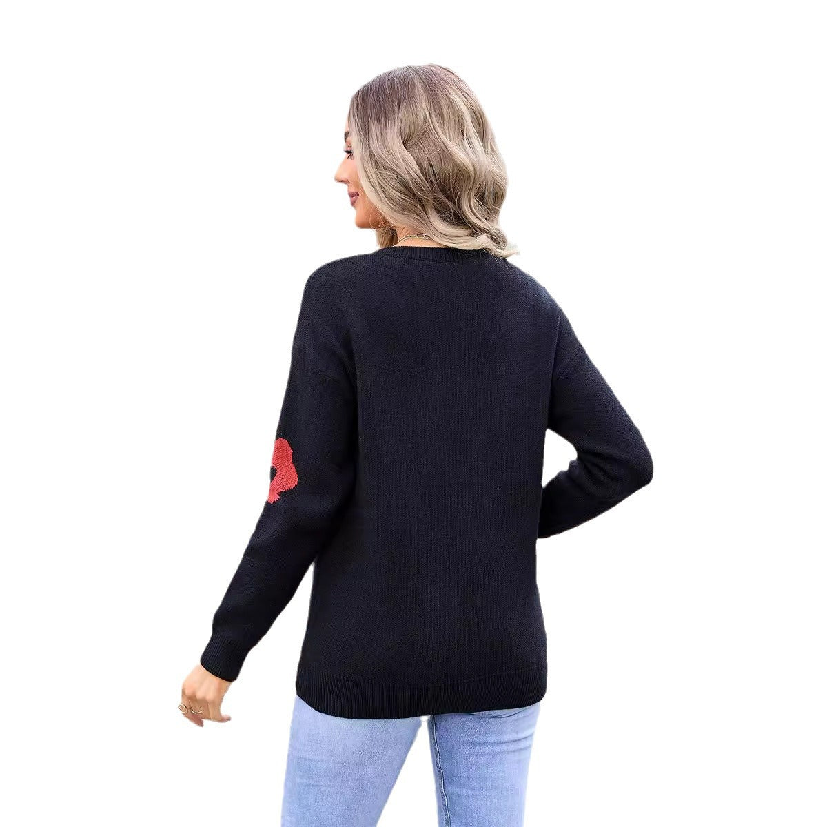 Plus Size V-neck Long Sleeve Flower Knitted Sweater