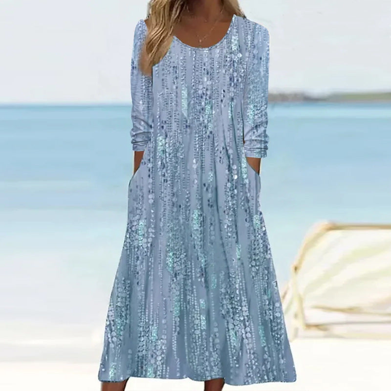 Women's Loose Long-Sleeved Dress with a Fashionable Print