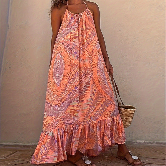 Women's Halter Neck Printed Beach Dress with Wide Hem