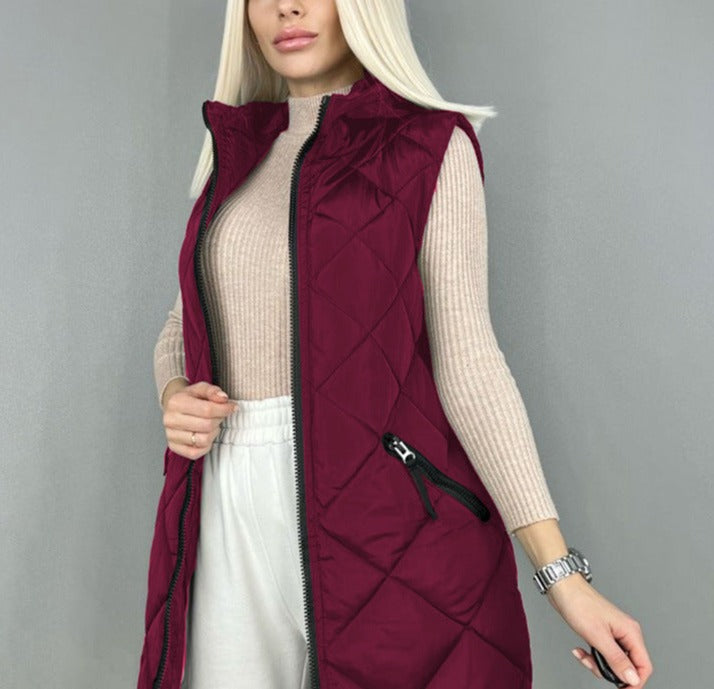 Mid-Length Down Jacket Vest with a Rhombus Pattern