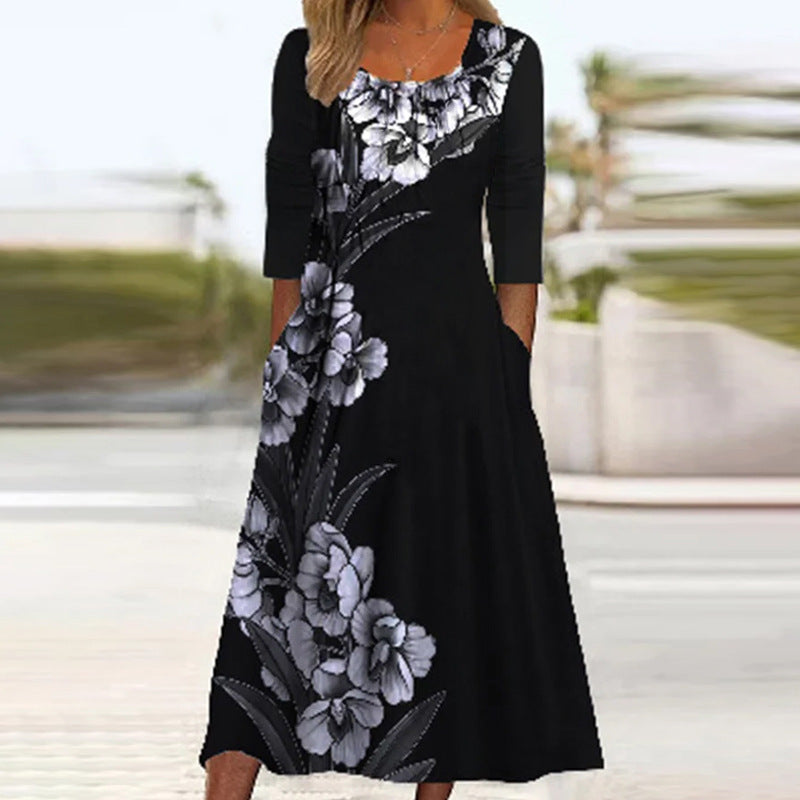 Women's Loose Long-Sleeved Dress with a Fashionable Print