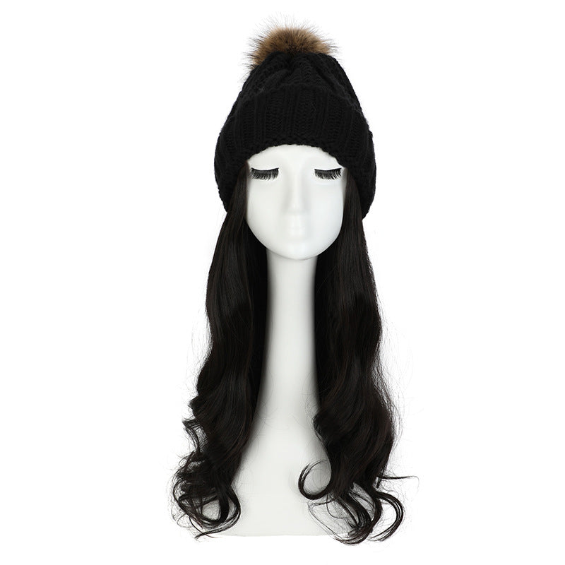 Women's Hat Wig Detachable Woolen Cap