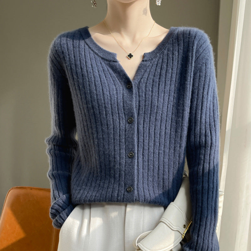 Round Neck Slim-Fit Short Striped Knitted Cardigan Jacket in Solid Color