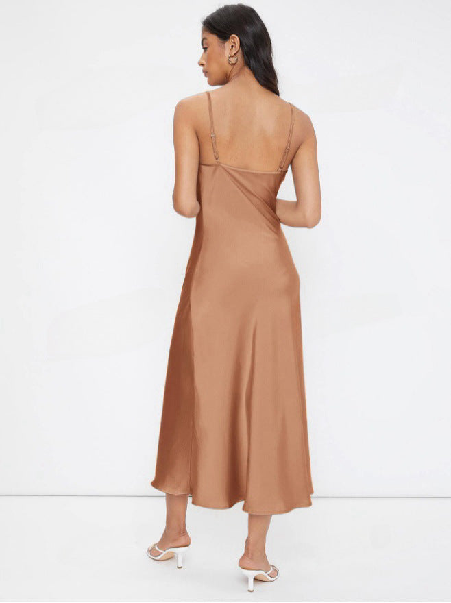 Slim Fit Satin Sling Deep V-neck Solid Color Fashion Dress