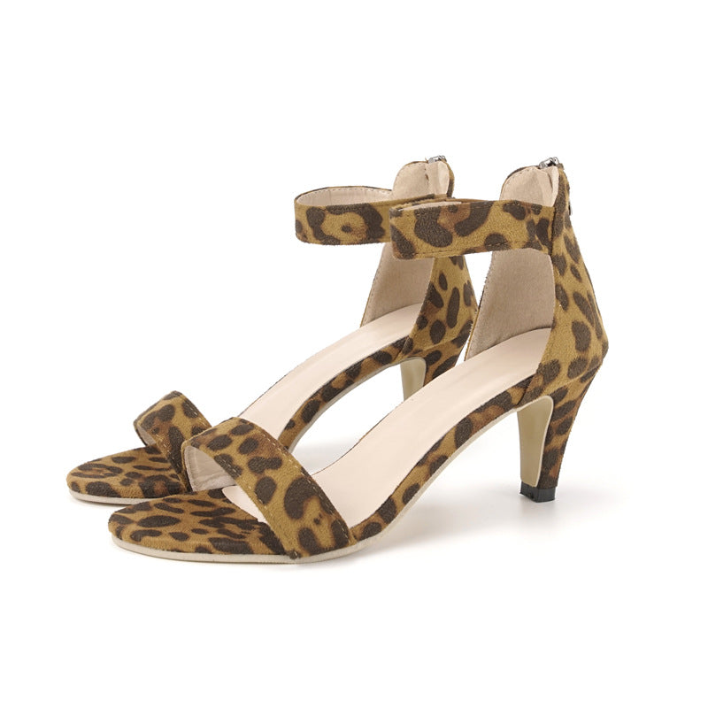 Large Size Women's Sandals Suede Leopard Print High Heels Word