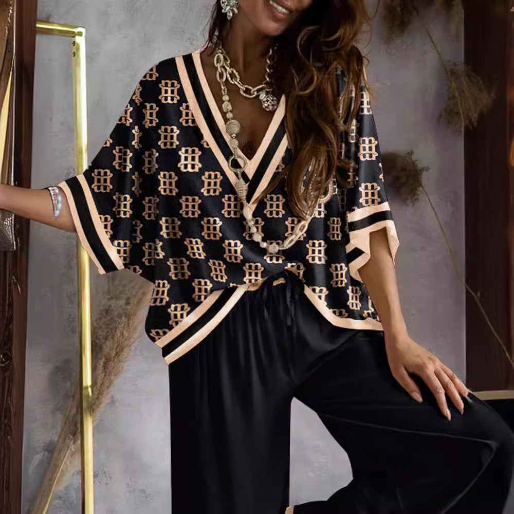 Printed Batwing Sleeve Top and Wide Leg Pants Suit for Women