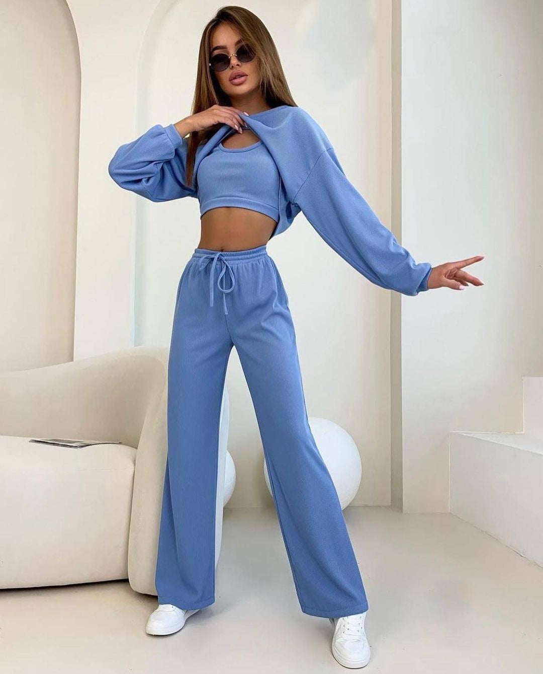 Women's Fashion Round Neck Short Long-Sleeved Top and Trousers Suit