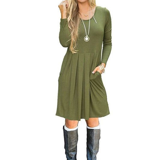 Women's Graceful And Fashionable Pleated Round-neck Long-sleeved Dress