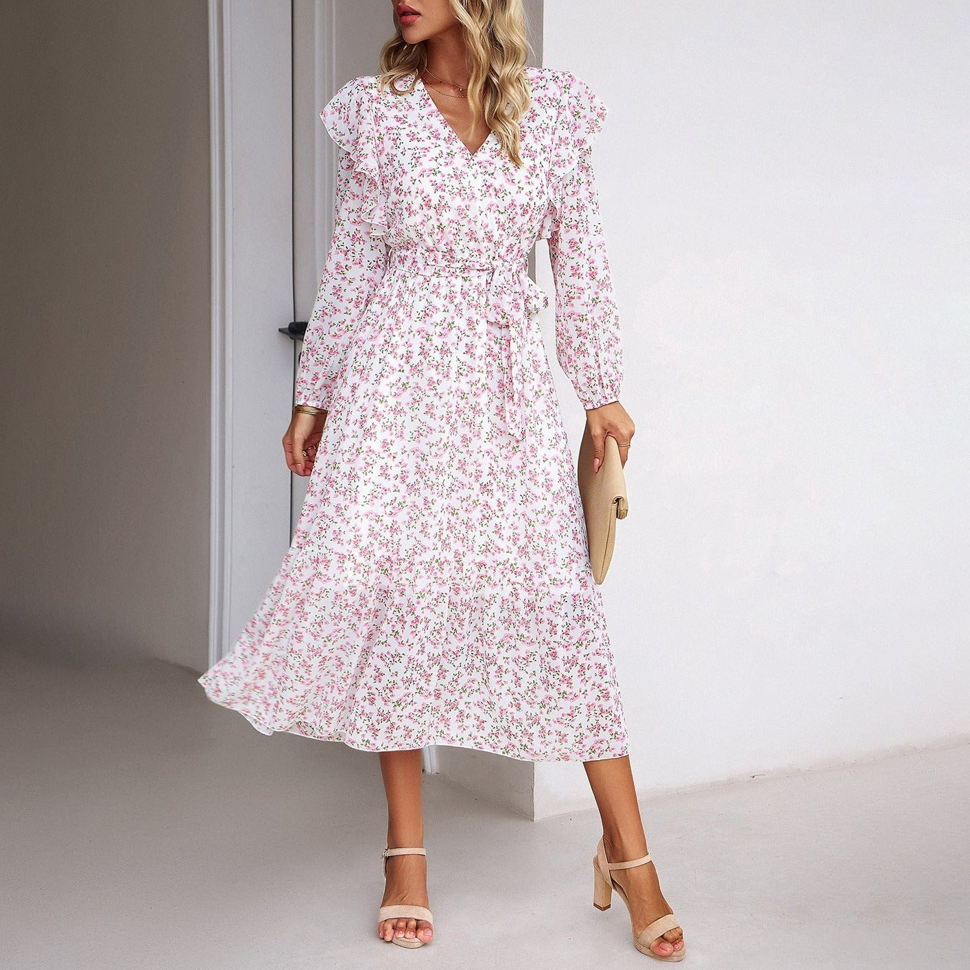 Women's Floral V-neck Long Sleeve Casual Fashion Dress