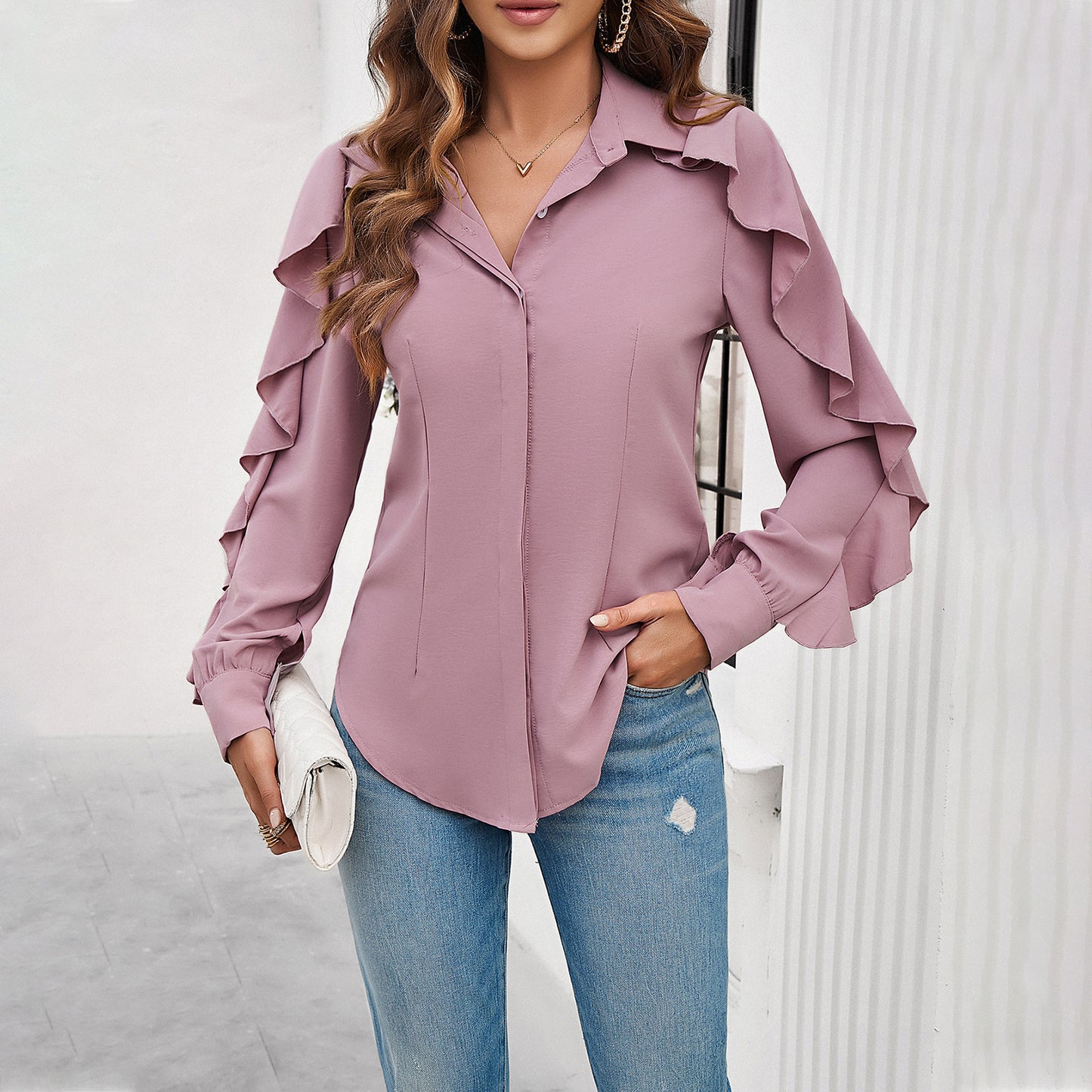 Spring And Summer Leisure Solid Color Ruffle Sleeve Shirt