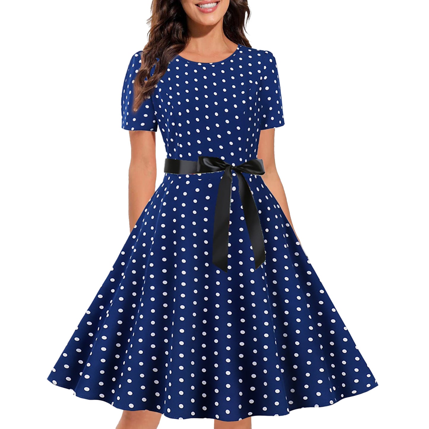 Women's Graceful and Fashionable Round Neck Slimming Polka Dot Floral Dress