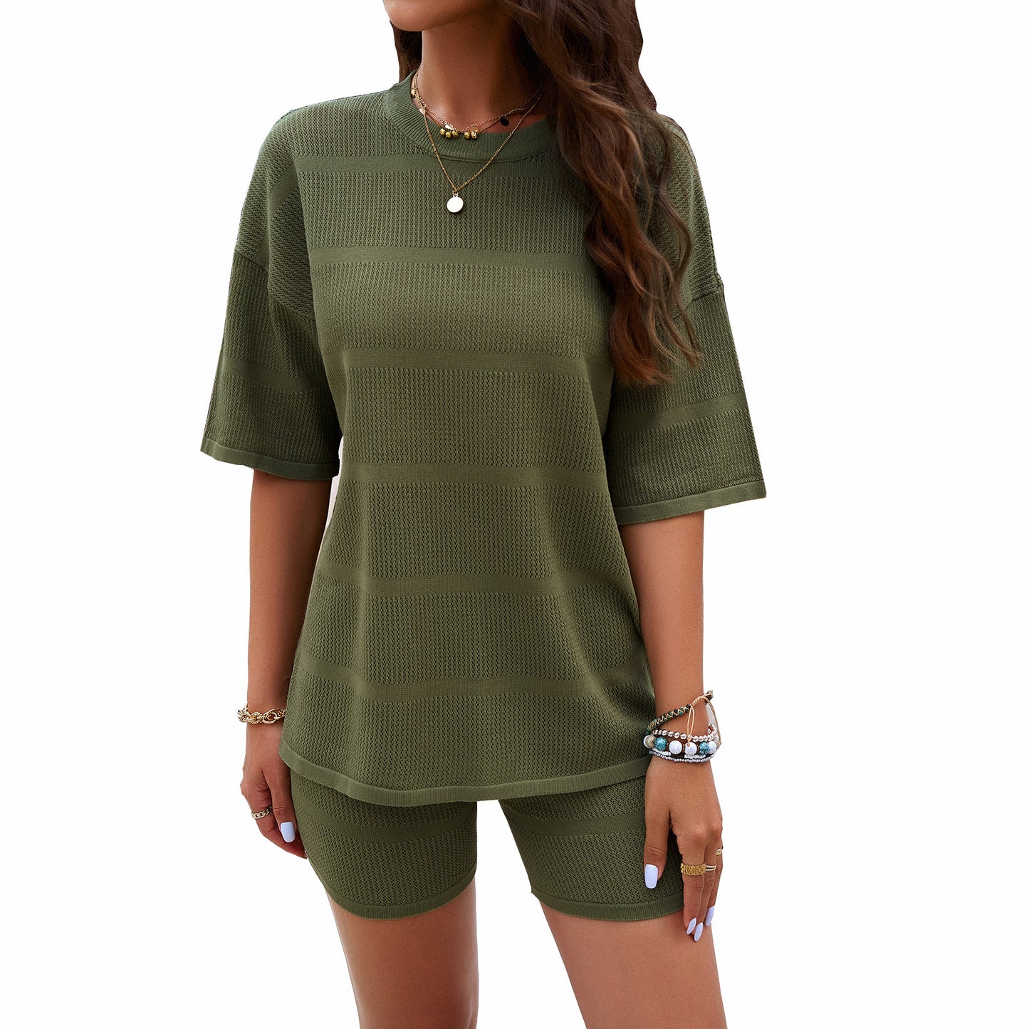 Women's Solid Color Sweater With Short Sleeves Suit