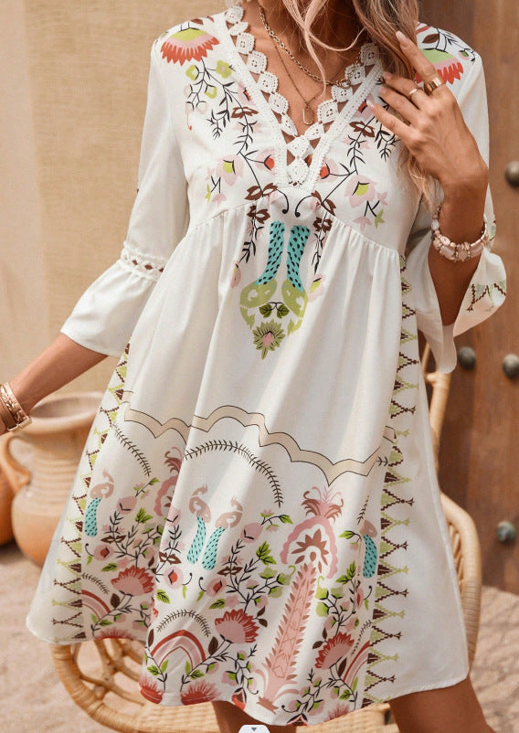 V-neck Lace Stitching Printing Dress for Women