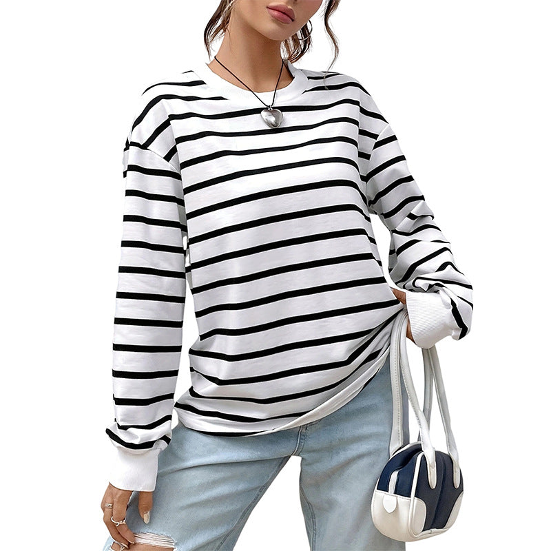 Women's Casual Loose Round Neck Vintage Striped Long-Sleeved T-Shirt – Comfortable and Stylish