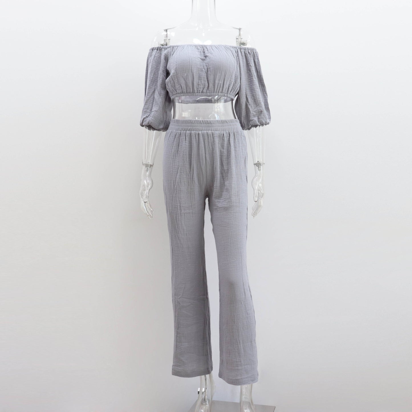 Casual Summer Suit for Women: Off-Shoulder Solid Color Top with Wide-Leg Pants in Pure Cotton