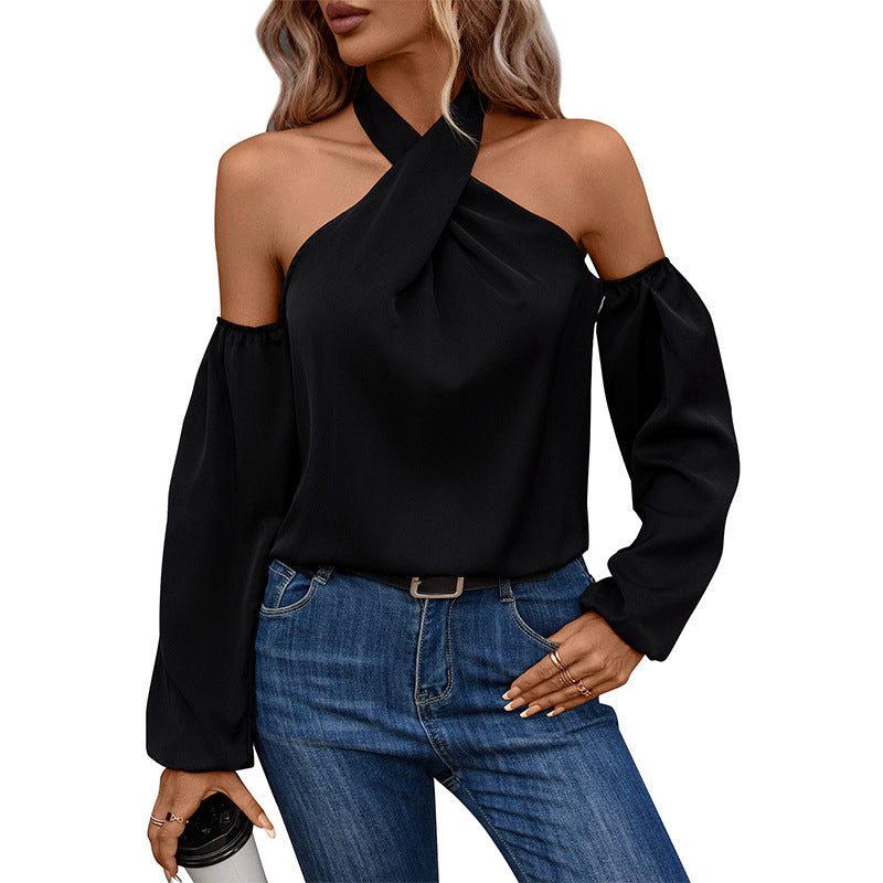 Solid Color Off-the-Shoulder Long Sleeve Shirt