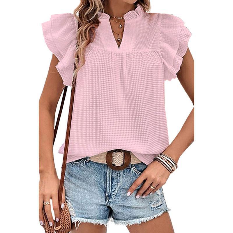 Women's Summer Fashion Solid Color V-neck Ruffled Pullover Top