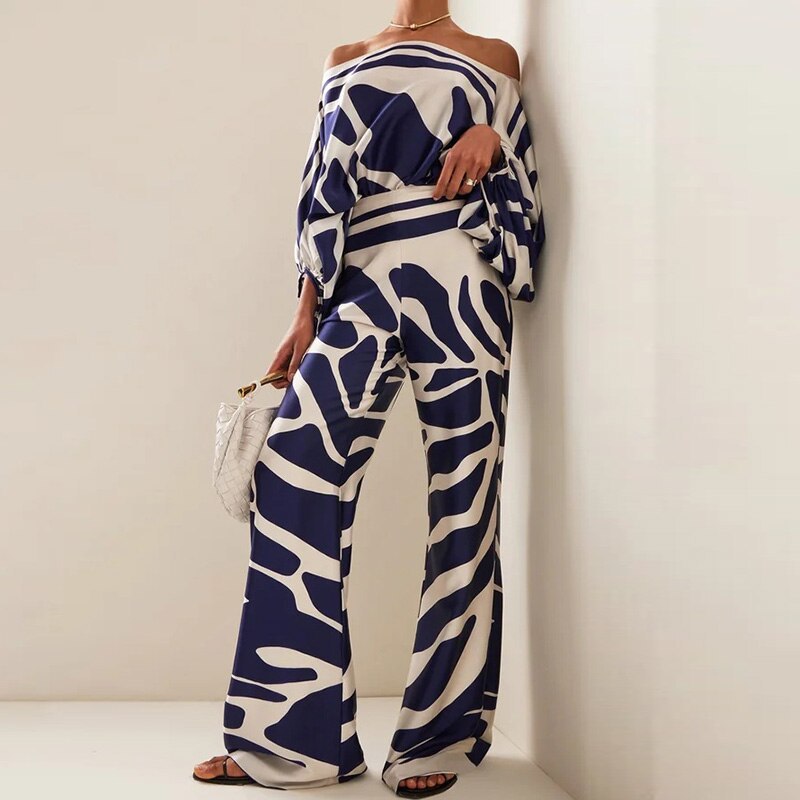 Women's Printed Round Neck Loose Batwing Sleeve Waist Wide Leg Pants