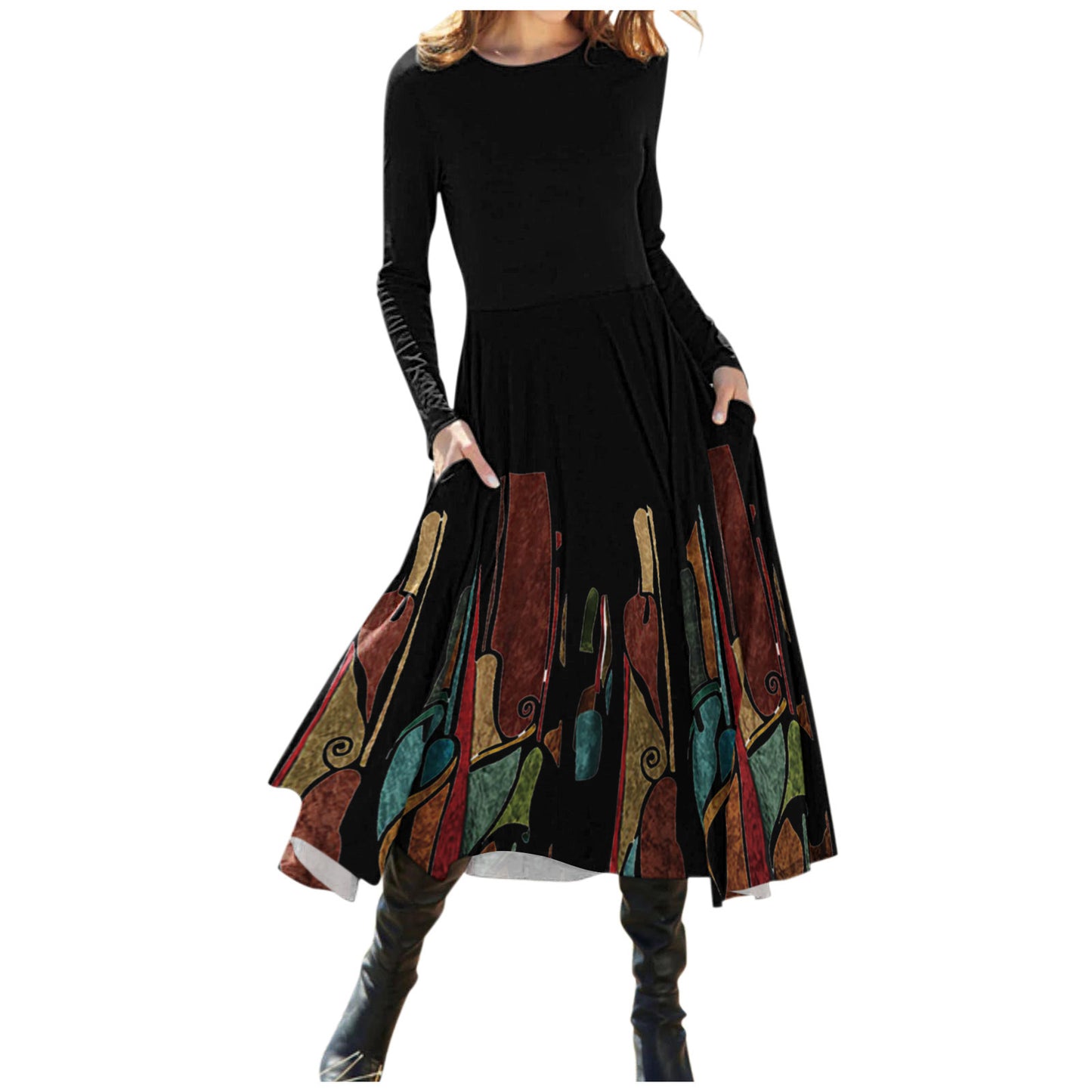 Women's Temperament Leisure Round Neck Long Sleeve Printed Dress