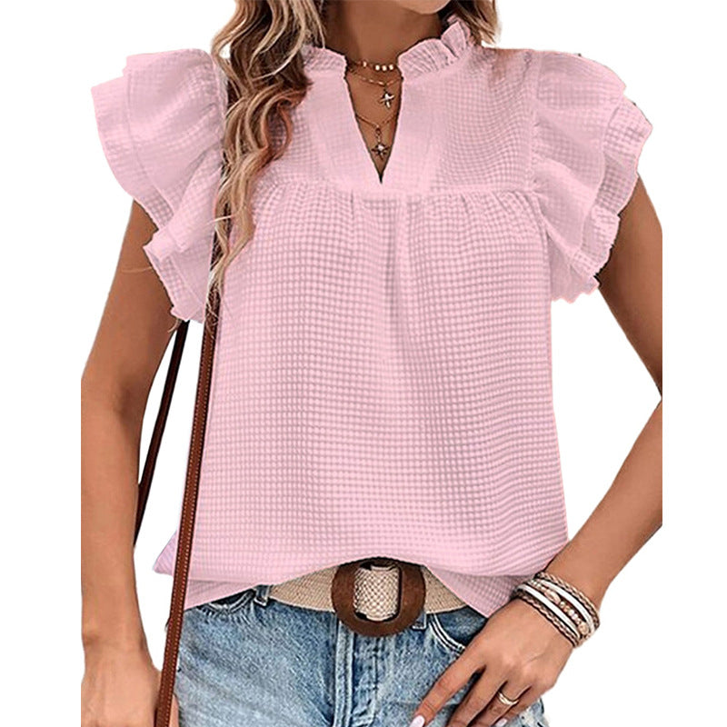 Women's Summer Fashion Solid Color V-neck Ruffled Pullover Top