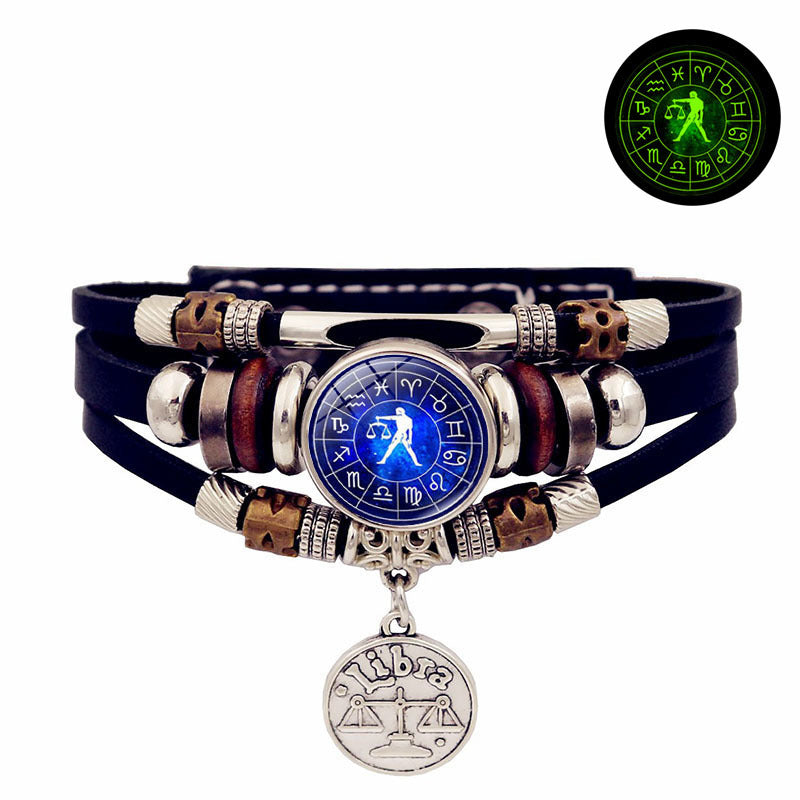 Luminous Twelve Constellation Snap Button Vintage Multi-layer Beaded Leather Bracelet