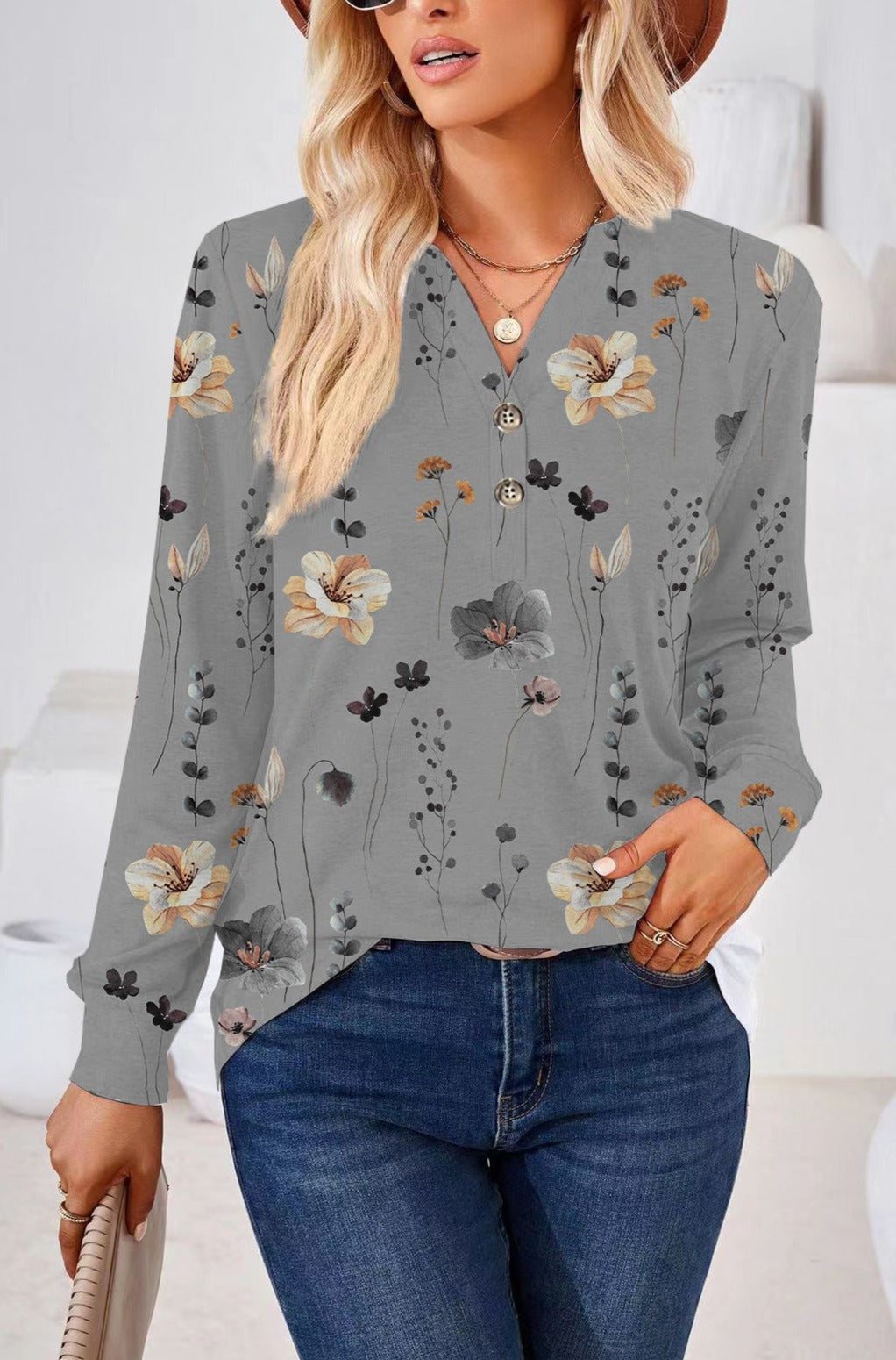 Women's Fashion Casual Long Sleeve Top with Button-Down V-neck and Printing