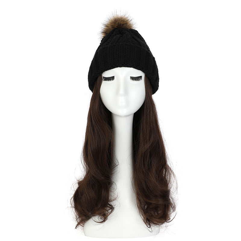 Women's Hat Wig Detachable Woolen Cap