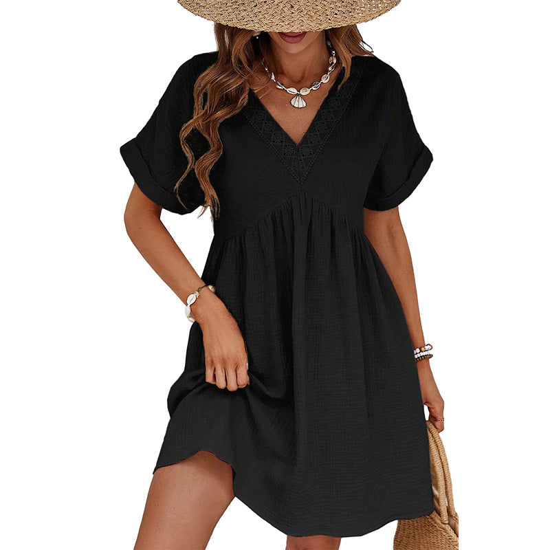 Women's European and American Style Solid Color Short Sleeve Dress