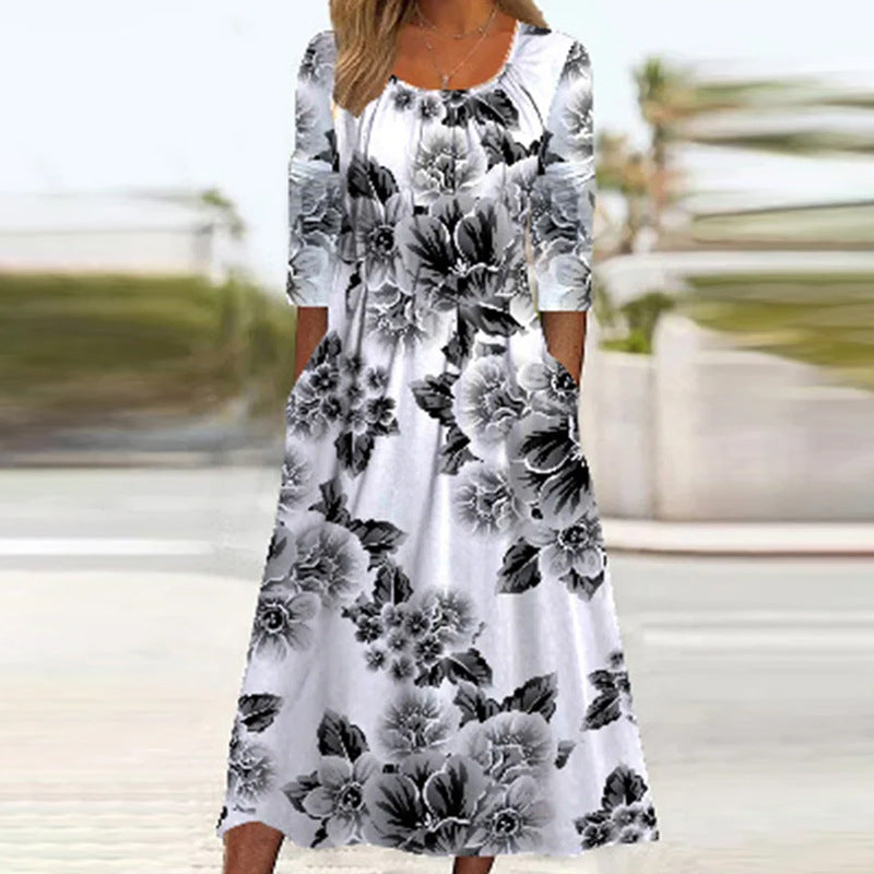 Women's Loose Long-Sleeved Dress with a Fashionable Print