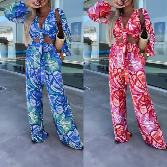 Long Sleeve Women's Suit with Strap Printing and Pocket