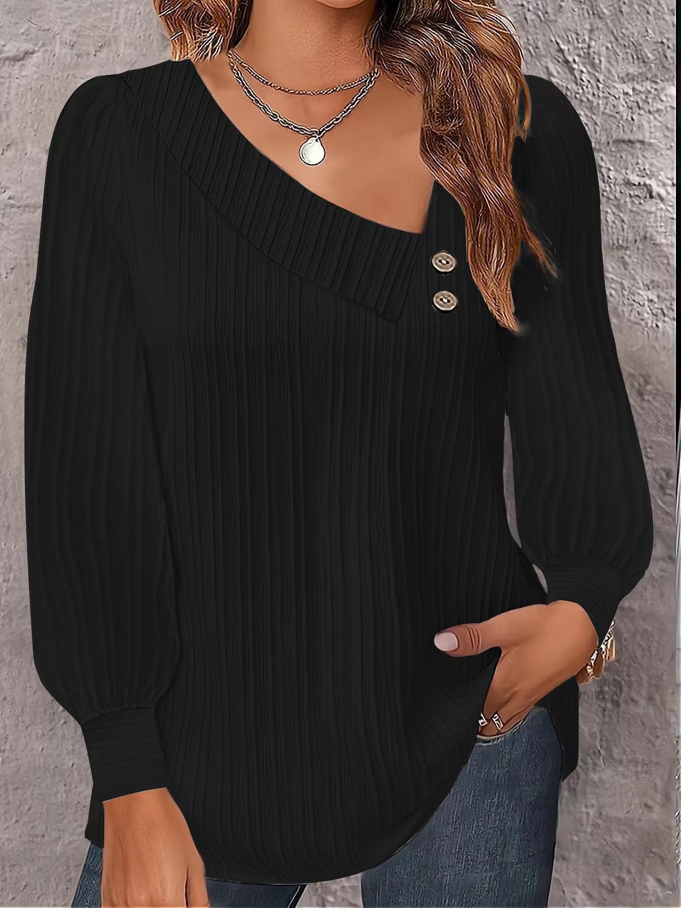 V-neck Buttons Solid Color Long Sleeve Shirt Women