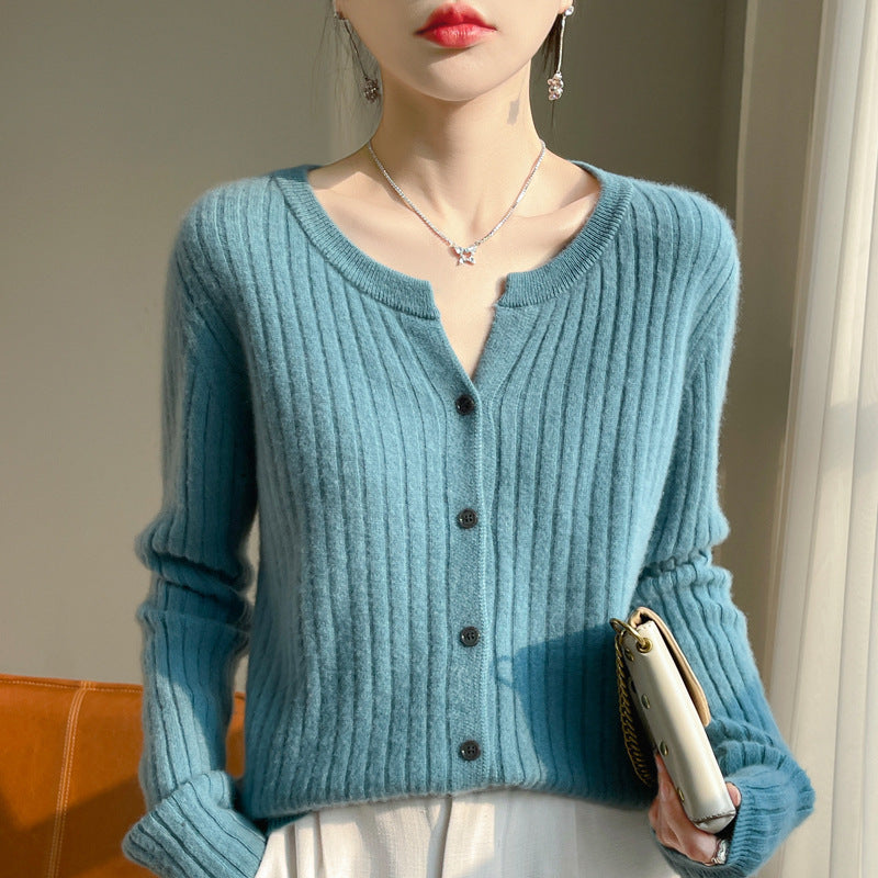 Round Neck Slim-Fit Short Striped Knitted Cardigan Jacket in Solid Color