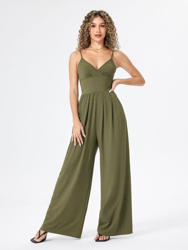 Solid Color V-neck Jumpsuit with Pockets for Women