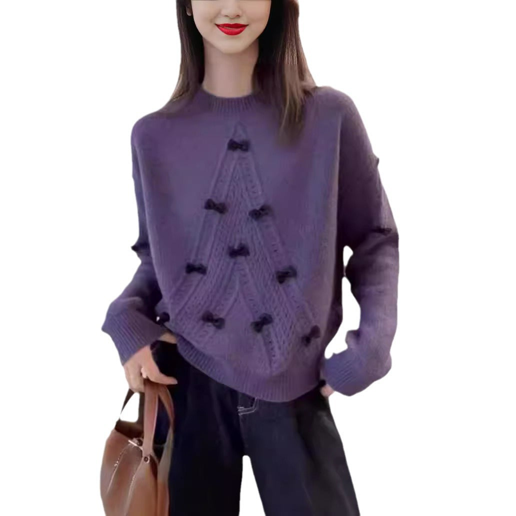 Round Neck Long Sleeve Sweater with Hollow Bow Detail – Three-Dimensional, Anti-Aging Fashion