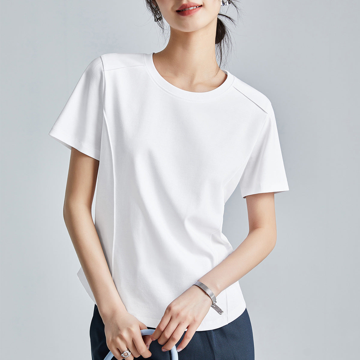 Mercerized Cotton Round Neck Shoulder T-Shirt