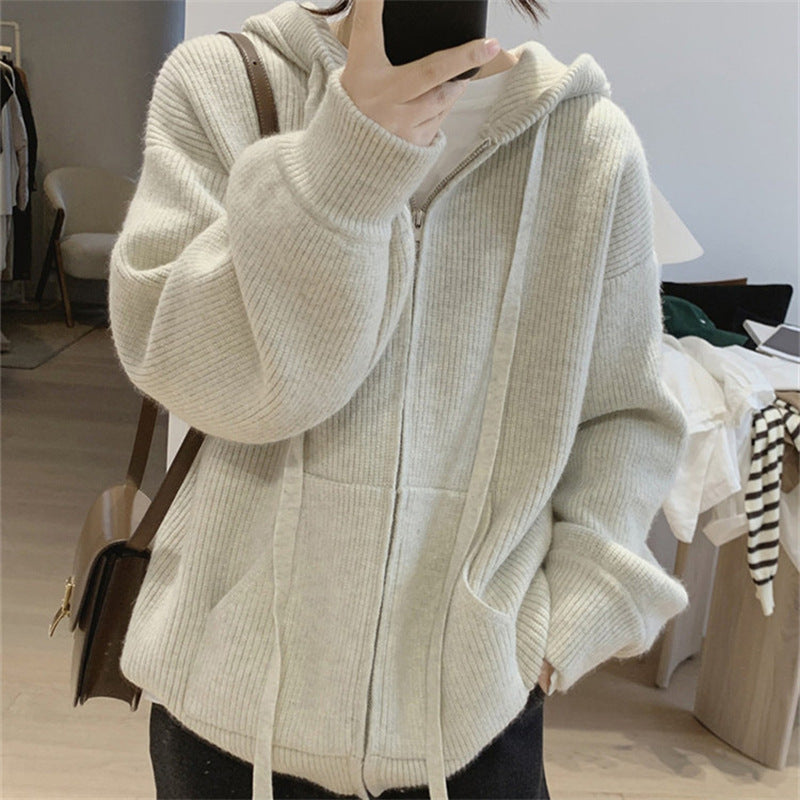 Thick Knitted Cardigan with Zipper Hood for Women