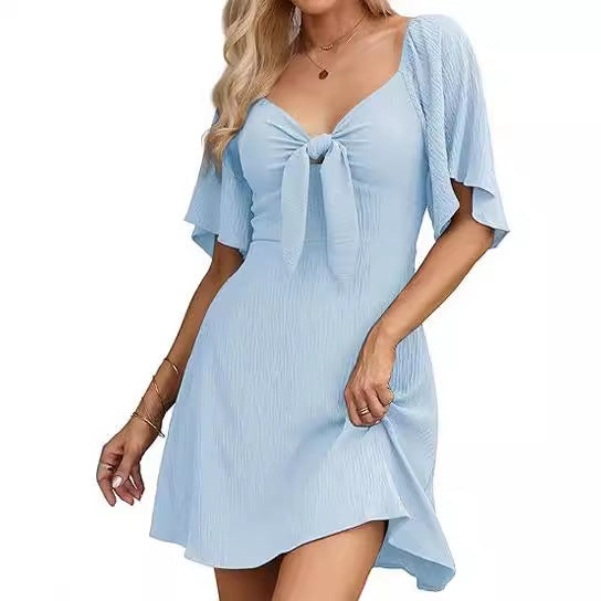 V-neck Short Sleeve Dress with Bow Tie for Women