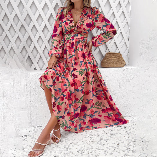 Women's Clothing Holiday Floral Print V-neck Dress