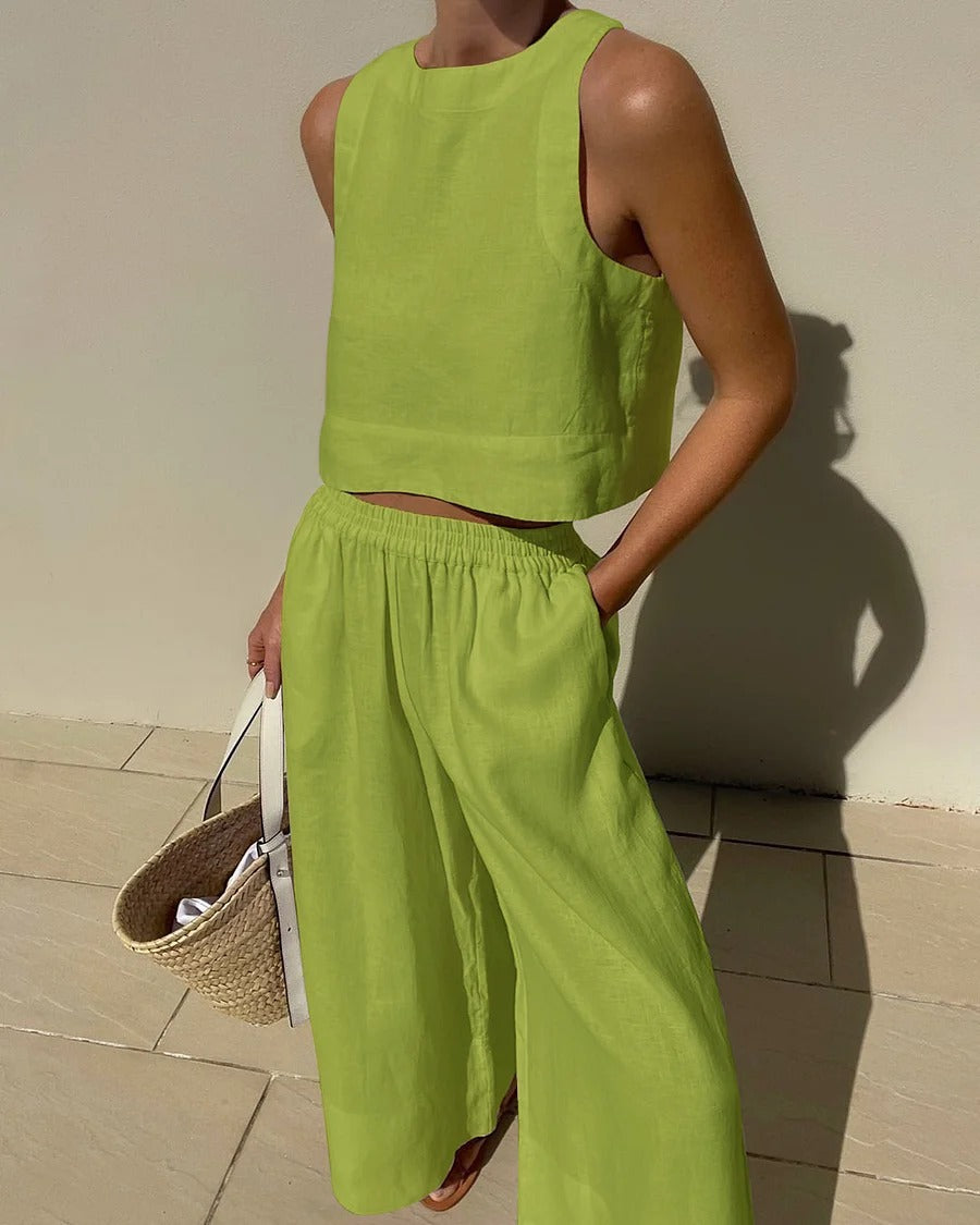 Loose Solid Color Sleeveless Shirt And Trousers Two-piece Set