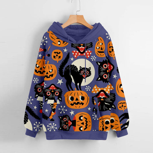 Long-Sleeved Hooded Sweater for Women with Halloween Pumpkin Print