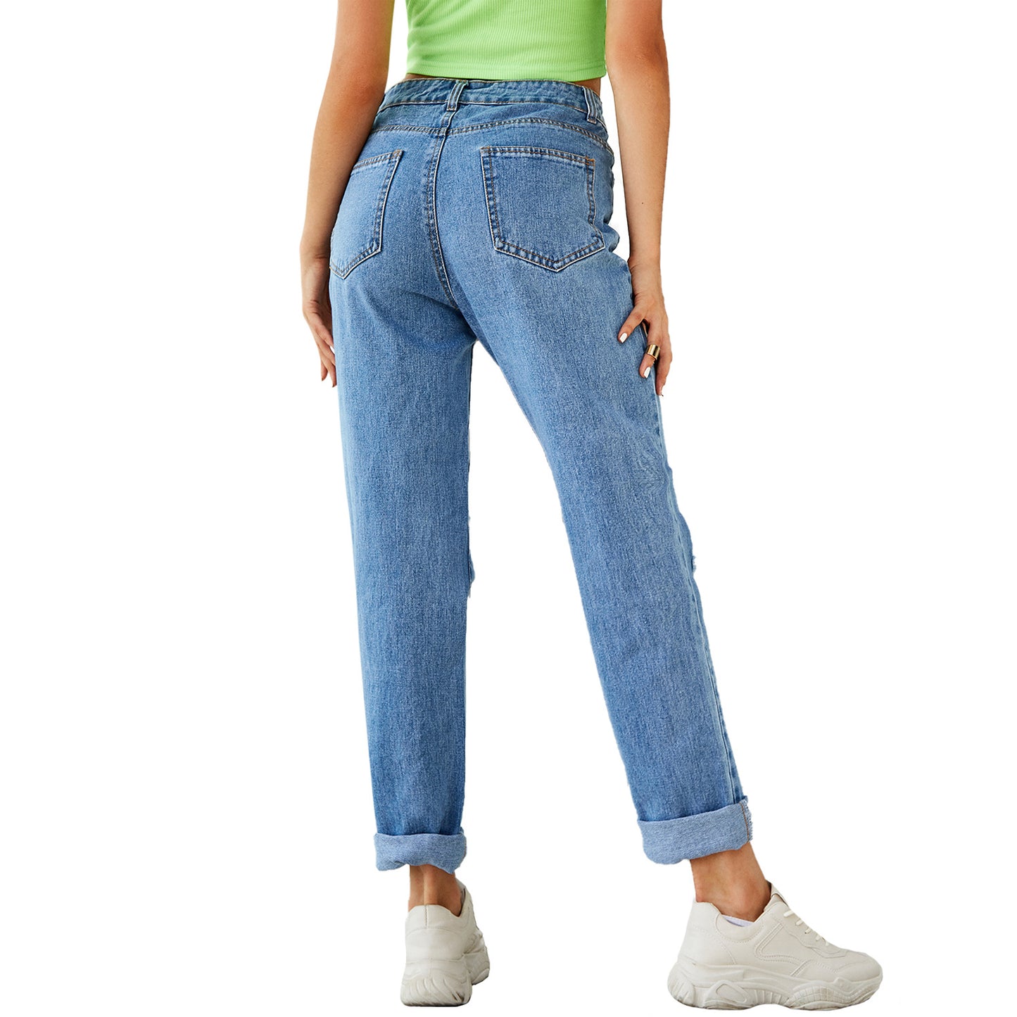 High Waist Ripped Straight Denim Trousers for Women's Fashion