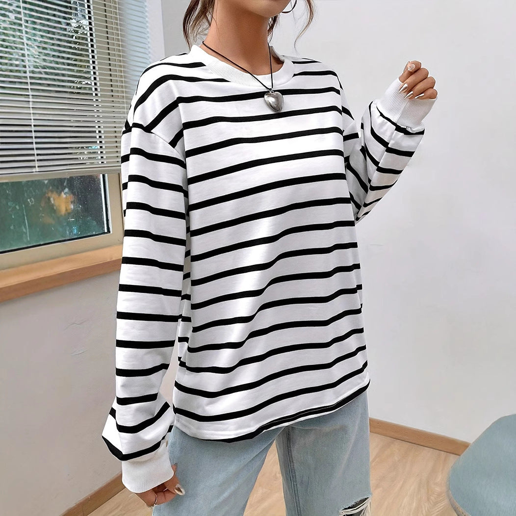 Women's Casual Loose Round Neck Vintage Striped Long-Sleeved T-Shirt – Comfortable and Stylish