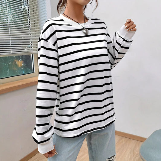 Women's Casual Loose Round Neck Vintage Striped Long-Sleeved T-Shirt – Comfortable and Stylish