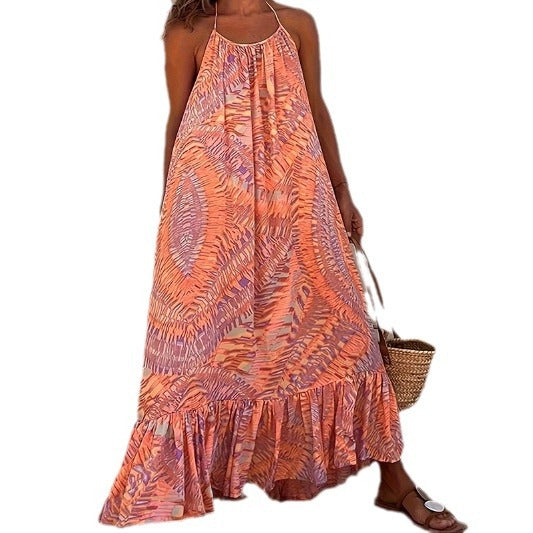 Women's Halter Neck Printed Beach Dress with Wide Hem